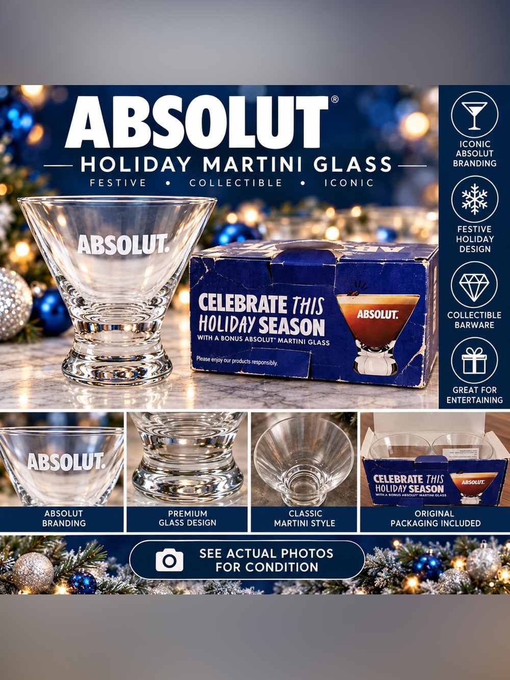 Absolut Holiday Martini Glass Blue Festive Cocktail Glass